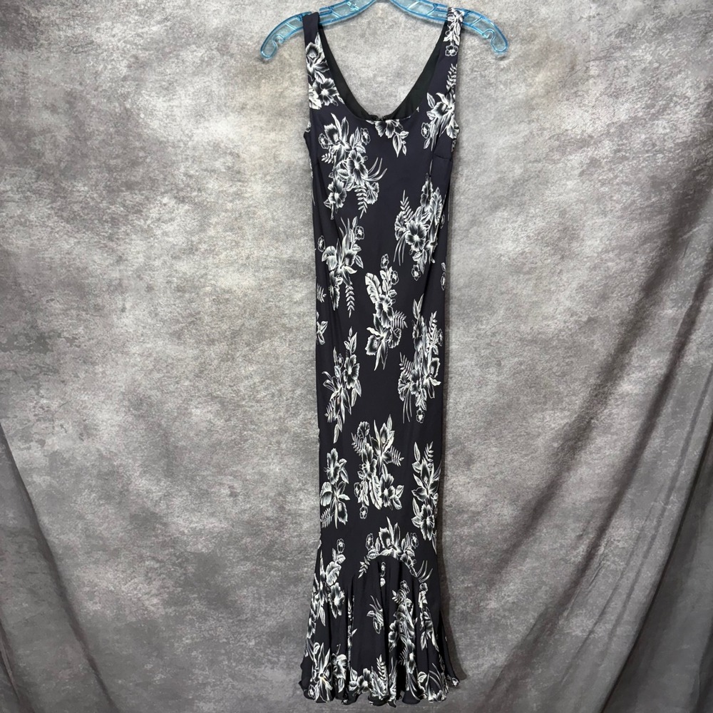 Y2K Jones New York Silk Floral Midi Dress Size 4P Fairy Asymmetric Black White